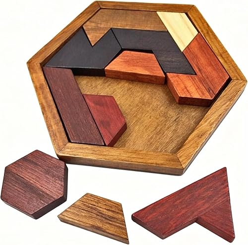 Hexagon Wooden Tangram Puzzle, Brain Teaser Blocks Educational Game for Kids Adults Family Party Gift