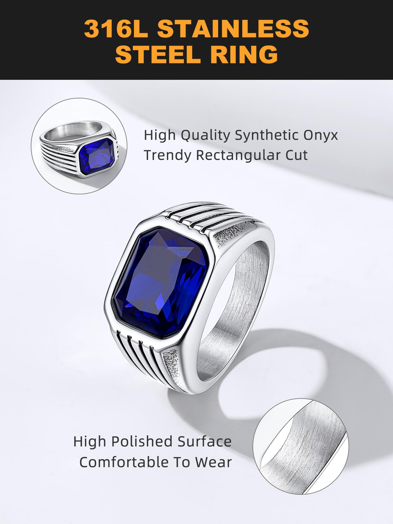 Bestyle Bague homme pierre rubis/saphir/émeraude/onyx noir, bague punk cadeaux garçon avec taille 54-72
