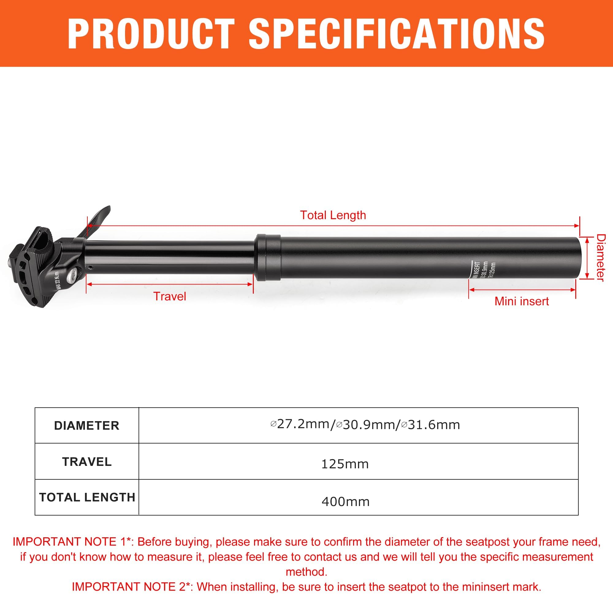 Dropper sztyca podsiodłowa 27,2 / 30,9 / 31,6 mm × 400 mm – skok 125 mm – lekka aluminiowa teleskopowa sztyca podsiodłowa z systemem kartridżowym i zaciskiem z jedną śrubą do rowerów MTB