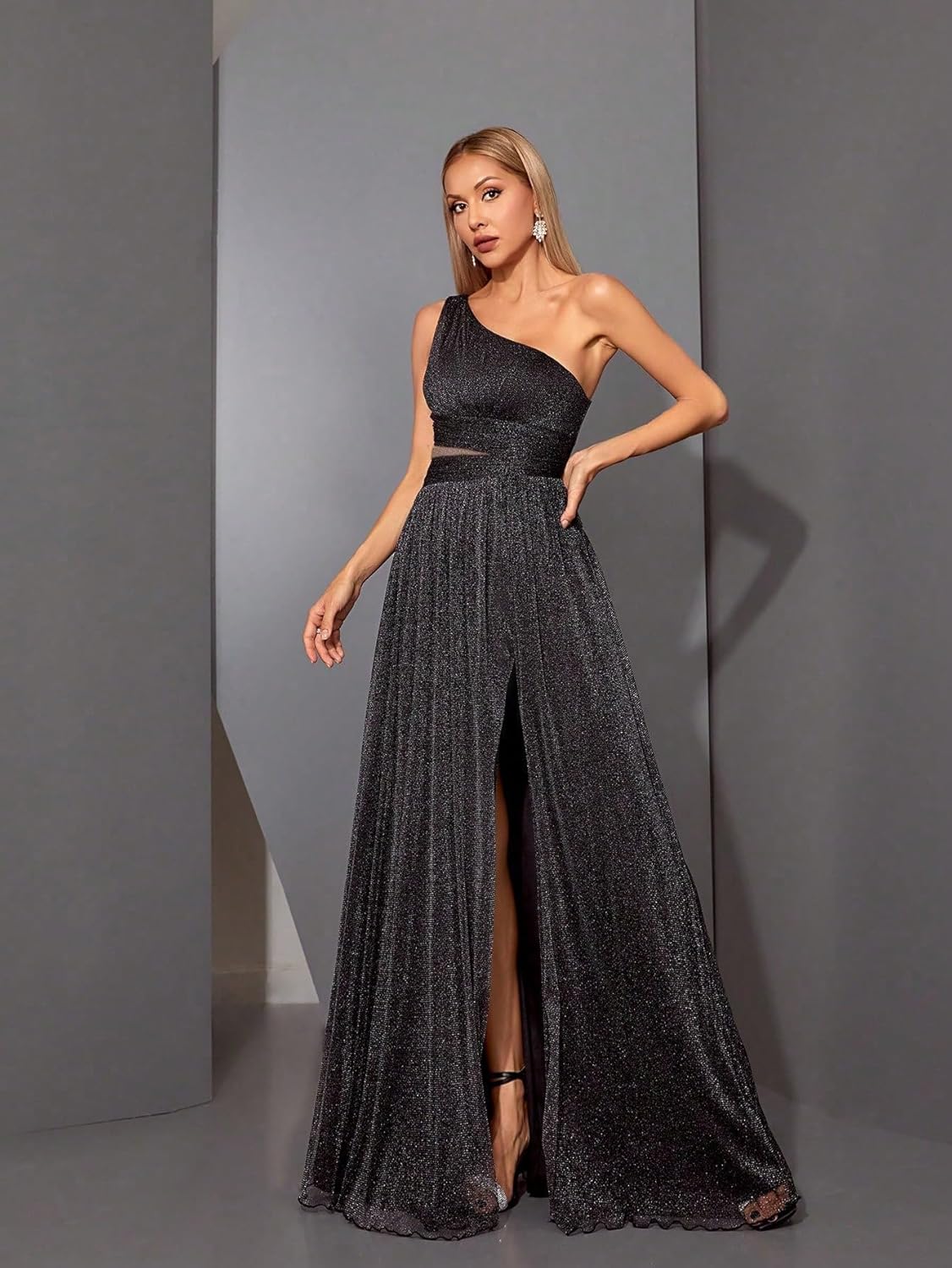 Women's Glamorous One Shoulder Sparkly Tulle Long Evening Dress with High Slit Waist Cinching for Weddings Party - Image 6