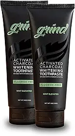 Grind Pasta de dente de hidroxiapatita sem flúor, teobromina, carvão ativado, clareamento, recomendado por dentistas, natural, feito nos EUA, 113 g, pacote com 2
