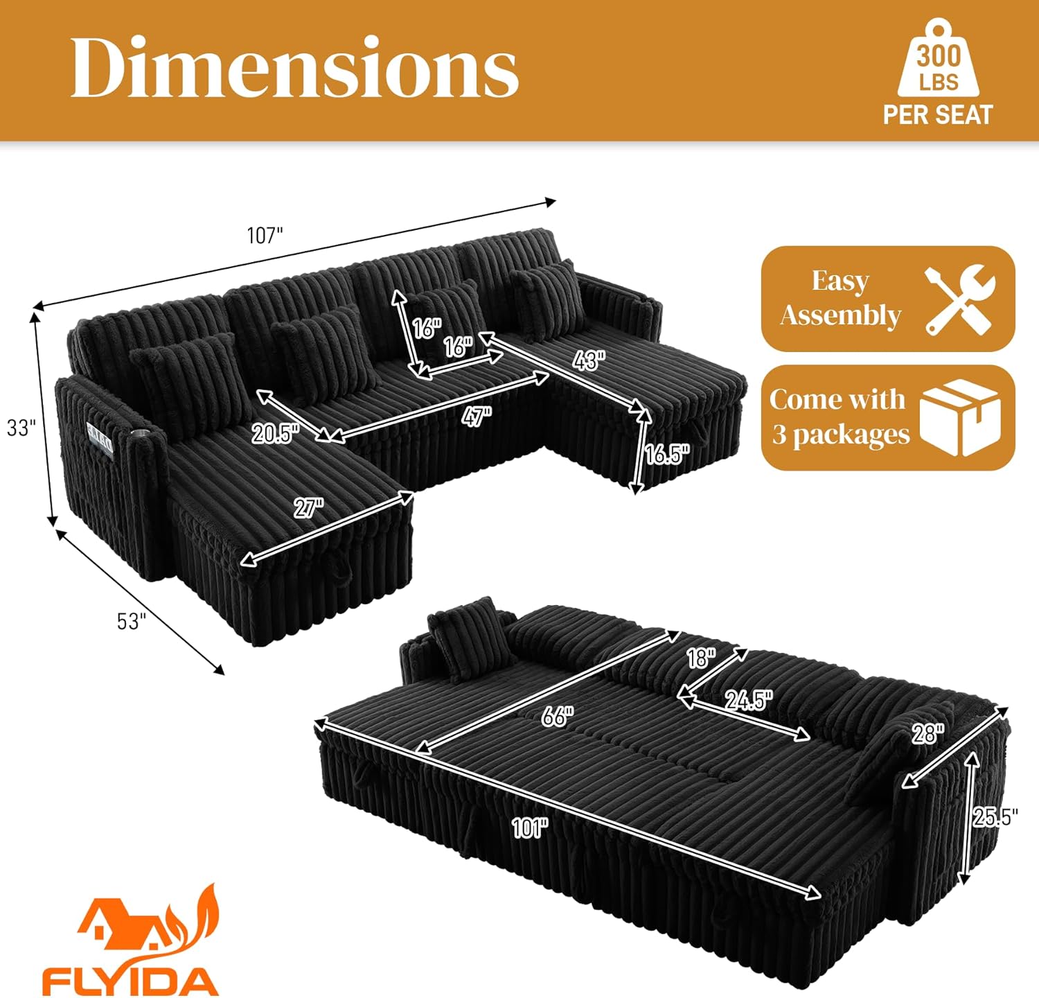 107" Sectional Sleeper Sofa with Pull Out Bed, Comfy Plush Fluffy Corduroy Cloud Sectional Couches for Living Room, Modular Couch U Shaped with Storage Chaise, Cup Holder & USB Charger, Black