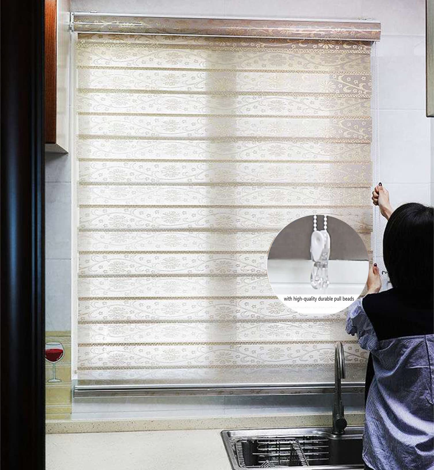 Estor Enrollable Doble Tejido Noche y Día,Persiana Enrollable para Ventanas Puertas,Cortina Opaca,Estor Cebra con Accesorios,Transparente y Privacidad,Sin Perforar,Beige (120x160cm/47x63in)