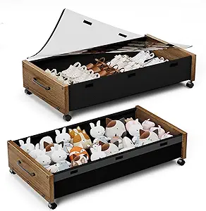 Under Bed Storage with Wheels, Underbed Shoe Storage Containers, Under the Bed Storage Drawers with Lid, Wooden Rolling Blankets Clothes Storage Metal Drawer for Bedroom Dorms Room (Walnut 2pack)