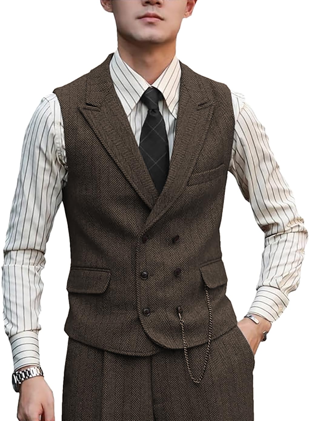 Zeattall Men Vests Wool Herringbone Tweed Suit Vest Double Breasted Waistcoat, Coffee, XX-L