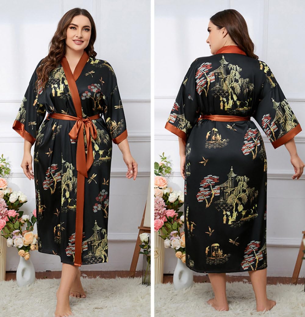 Vestaglie da Donna,Kimono Lungo in Raso Setoso Abito Taglie Forti Cover Up Vestaglie Classiche Stampate Floreali per la Festa in Camicia da Notte di Nozze