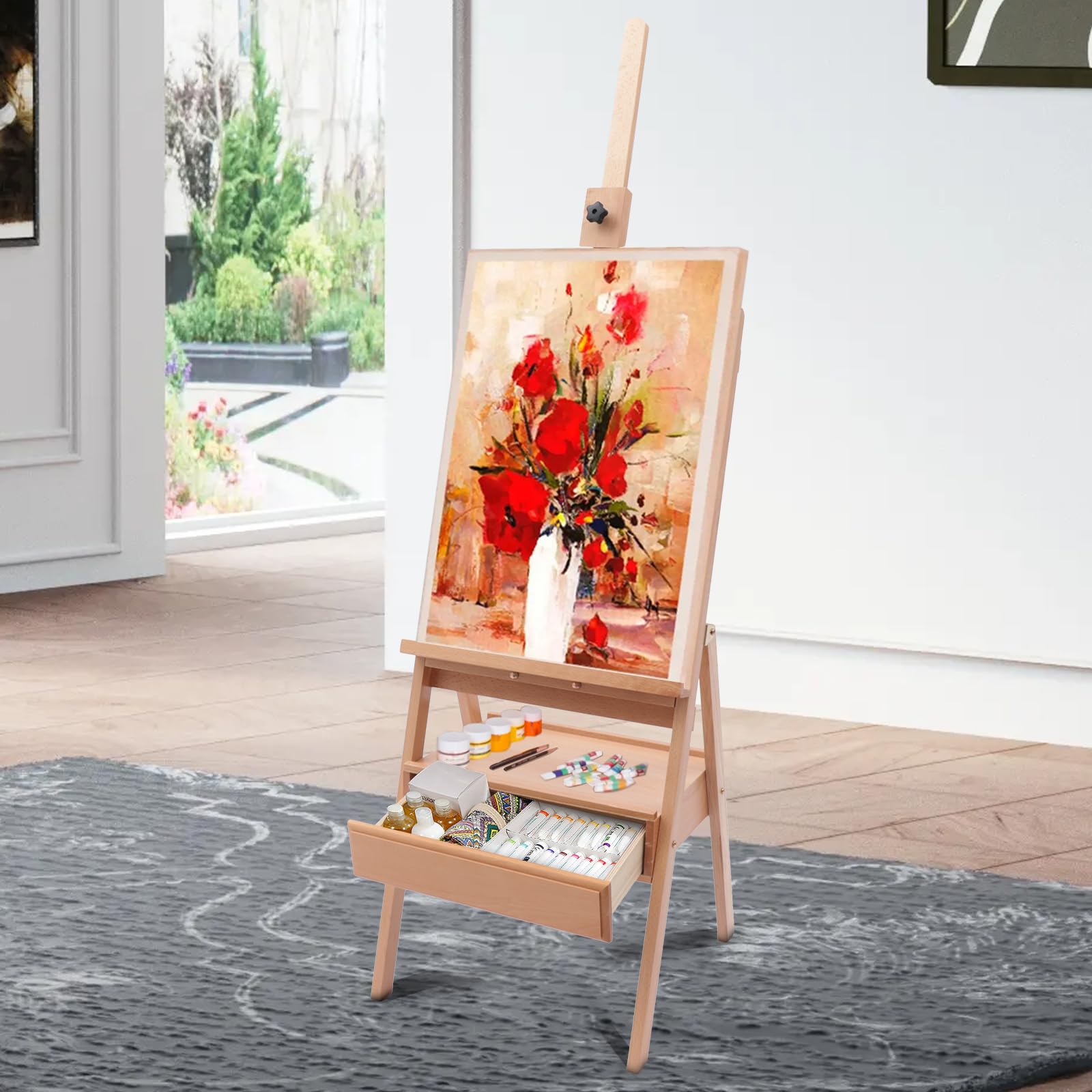 Sztaluga atelierska sztaluga drewniana w kształcie litery H sztaluga polowa regulowana 45 x 45 x 154-198 cm, Easel for Artist sztaluga walizkowa składana płótno uchwyt drewno bukowe stabilna, obrazy