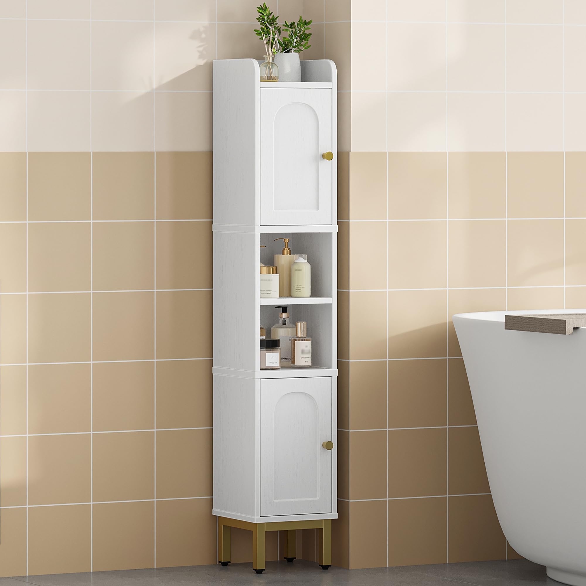 Hzuaneri Armario Alto de Baño, Mueble de baño Estrecho con 2 Puertas, Mueble de almacenaje diáfano con estantes Regulables, Adecuado para pequeños lavaderos, cocinas y Salones, Blanco BC22413G