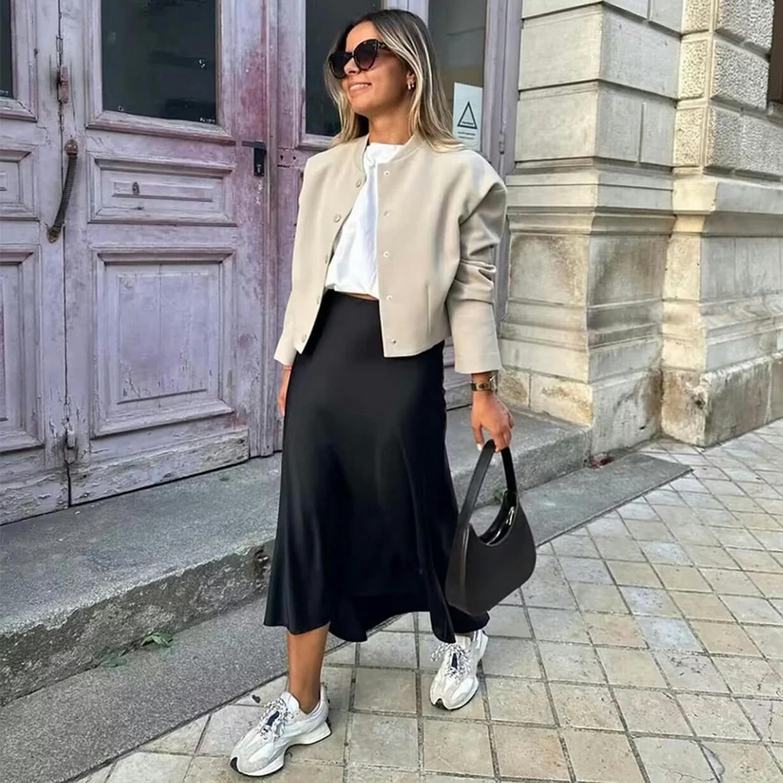 Czarna spódnica damska jednolite spódnice midi jesień na co dzień damska talia linia A modne spódnice do kostek