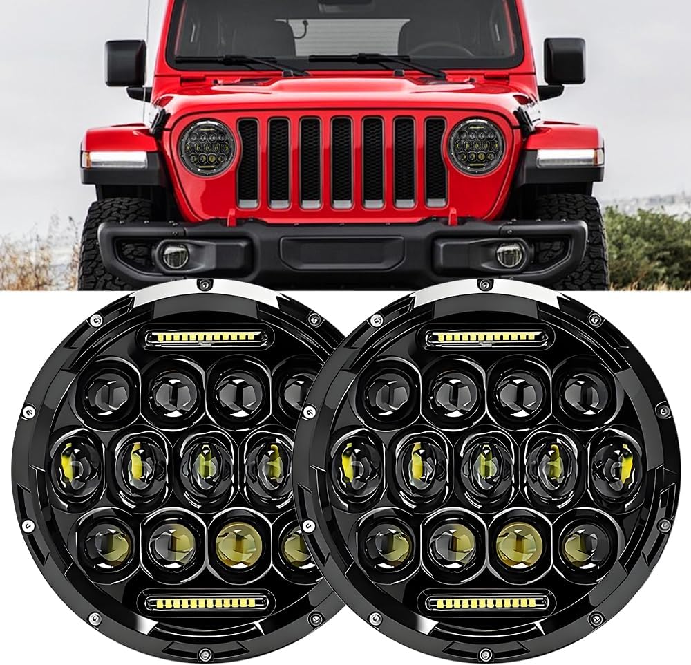 Jeep wrangler headlight,7 Inch LED Headlights for Jeep Wrangler JK TJ LJ 1997–2020, DOT Approved 150W Round LED Headlight with DRL, 1000% Brighter, Plug & Play H4 H13 Adapter, 2 Pack Black