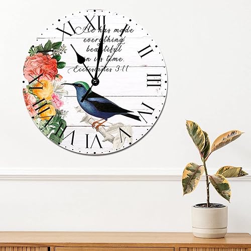 Miniatura 51 de ArogGeld He Made Everything Beautiful - Reloj de pared de PVC con flores rosadas, colibrí, reloj de pared grande con cita y números romanos, reloj