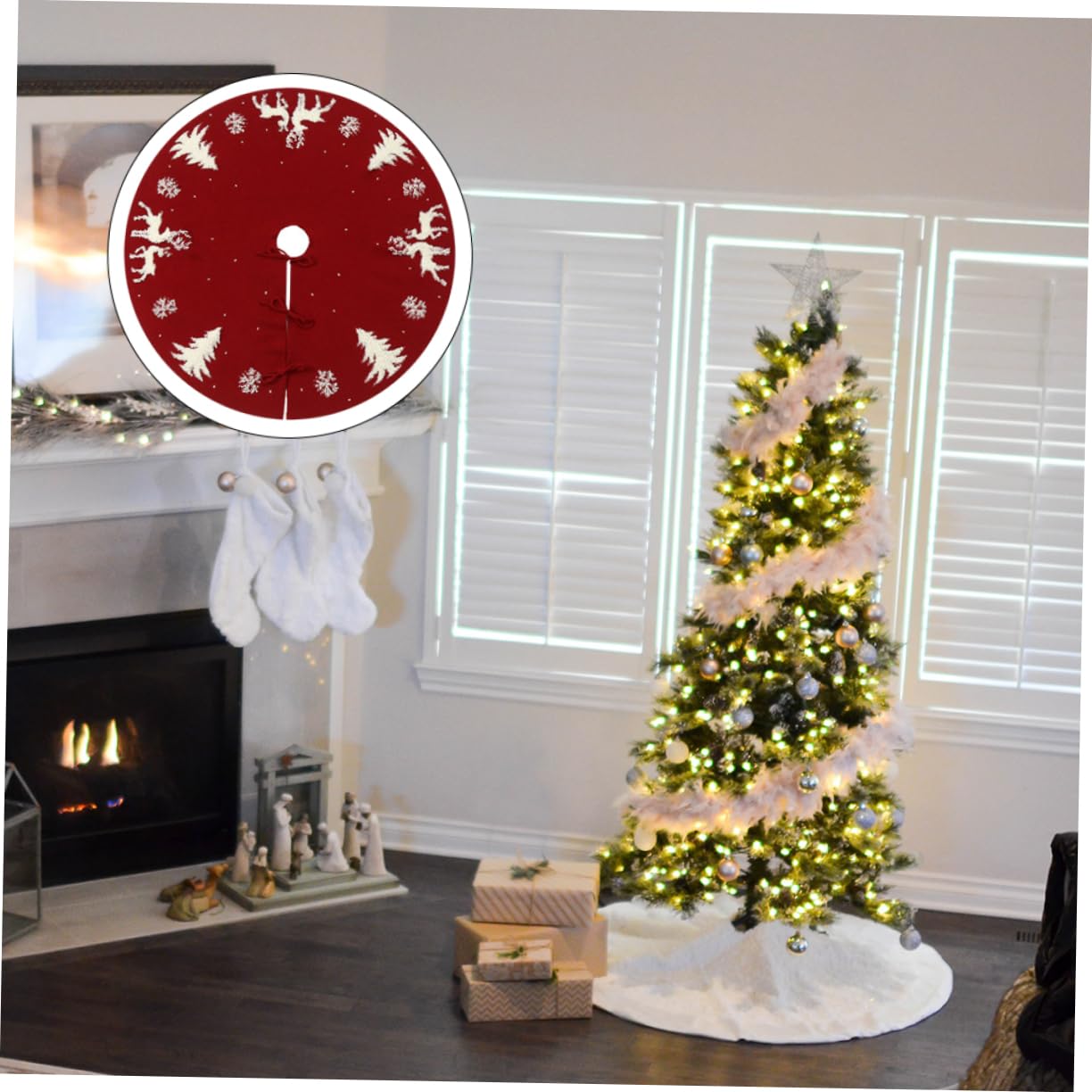 1 Pezzo Tappetino per Albero di Natale in Acrilica Decorazione Natalizia Design con Alce Gonna per Albero di Natale Rossa