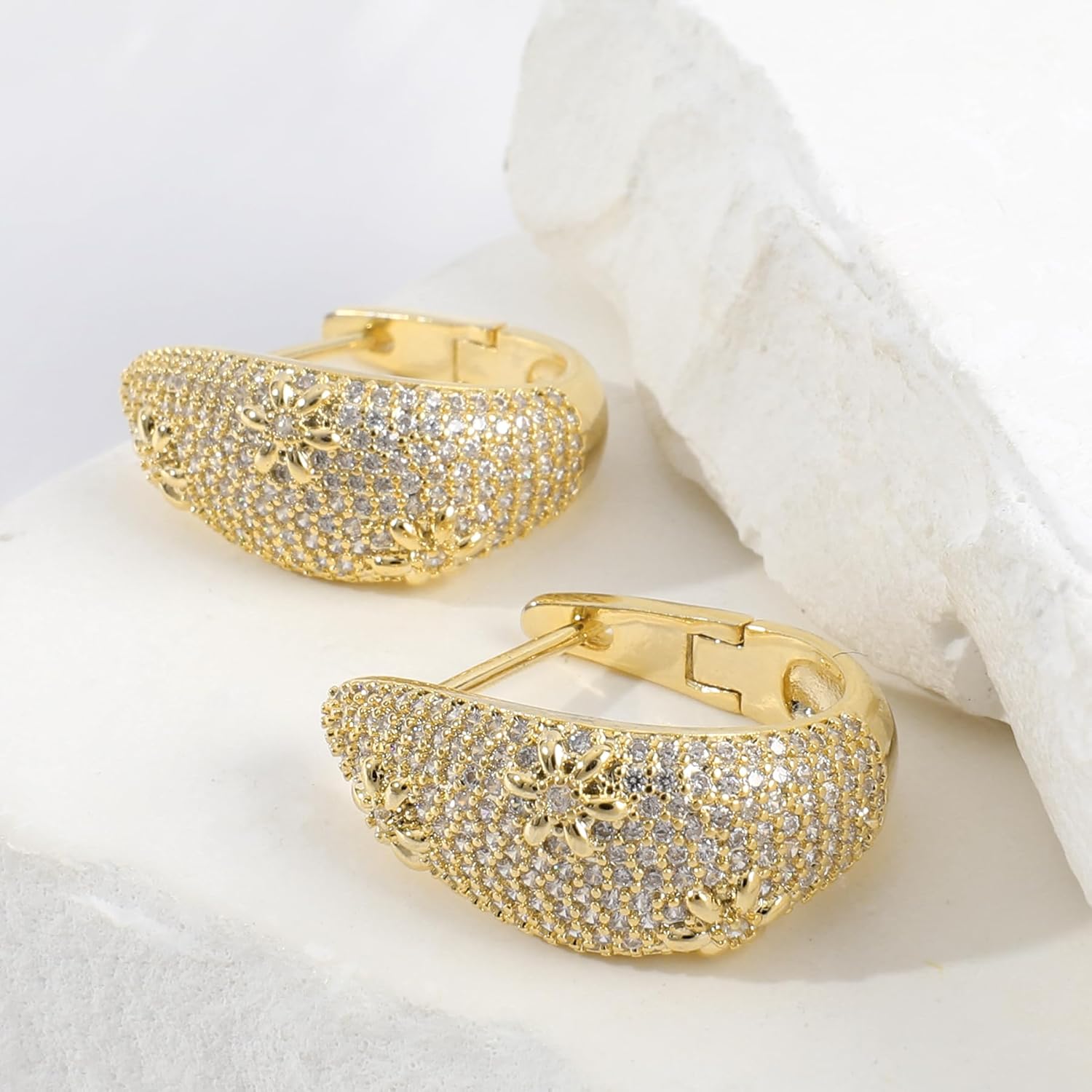 Gold Daisy Flower Chunky Hoop Earrings for Women Thick Cubic Zirconia Flower Huggie Hoop Earrings - Image 3