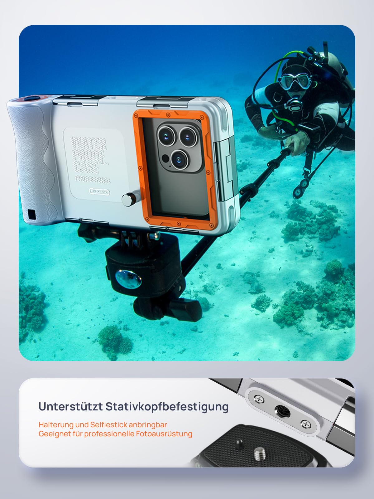 Lanhiem Wasserdicht Handyhülle IP68 Universelle Tauchen Professionelle Handy Unterwasser Hülle Wasserfeste tief 15M für iPhone Samsung Huawei Xiaomi Schnorcheln Surfen Case, Grey-Orange