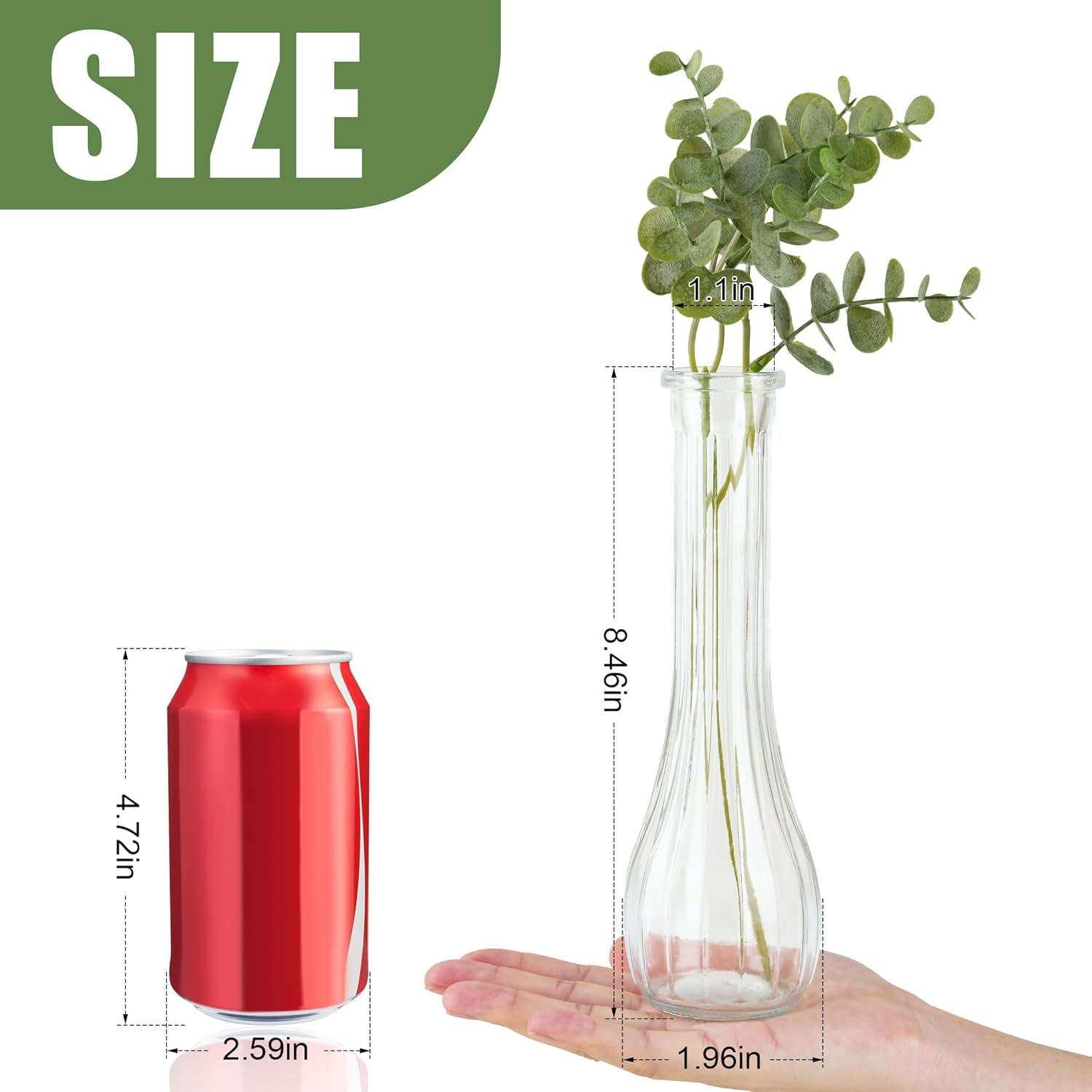 Glass Tall Bud Vases for Centerpieces, Ribbed Flower Vase in Bulk Set of 10, Modern 8" Slim Floral VaseS for Wedding Party Dining Table Decor