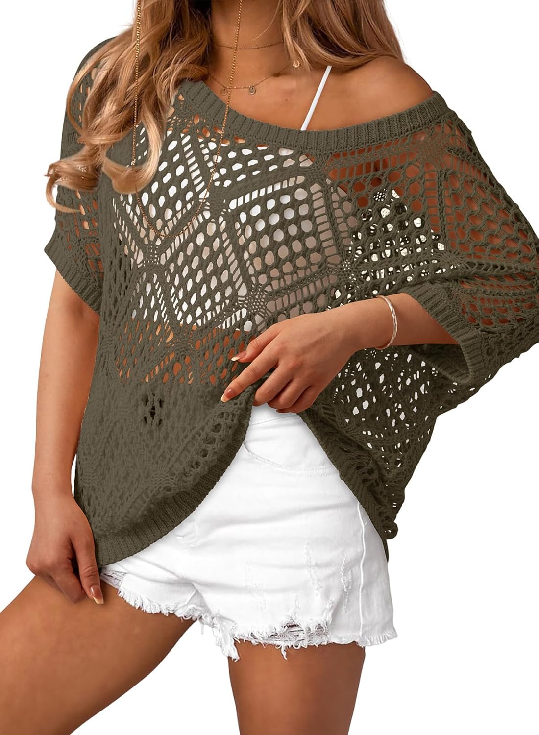 Dokotoo Women's Crochet Cover Up Tops Summer Short Sleeve Off Shoulder Sweater Shirts Beach Swimsuit Coverup