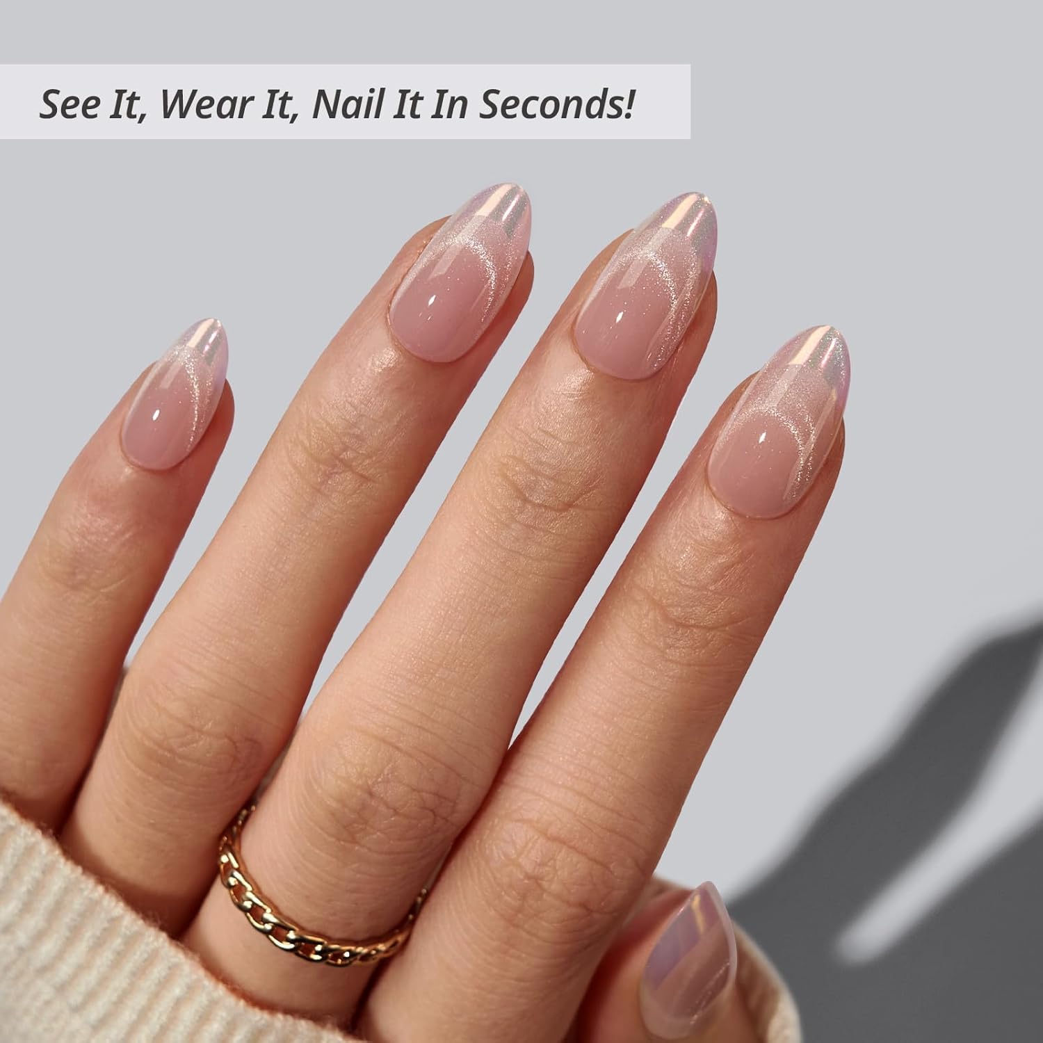 BTArtbox Press On Nails Almond - Diamond Dust, Lamp-Curable Cat Eye Chrome French Tip Short Press On Nails with Glue and Adhesive Tabs for Women in 16 Sizes - 32 Soft Gel Glue On Nails Kit