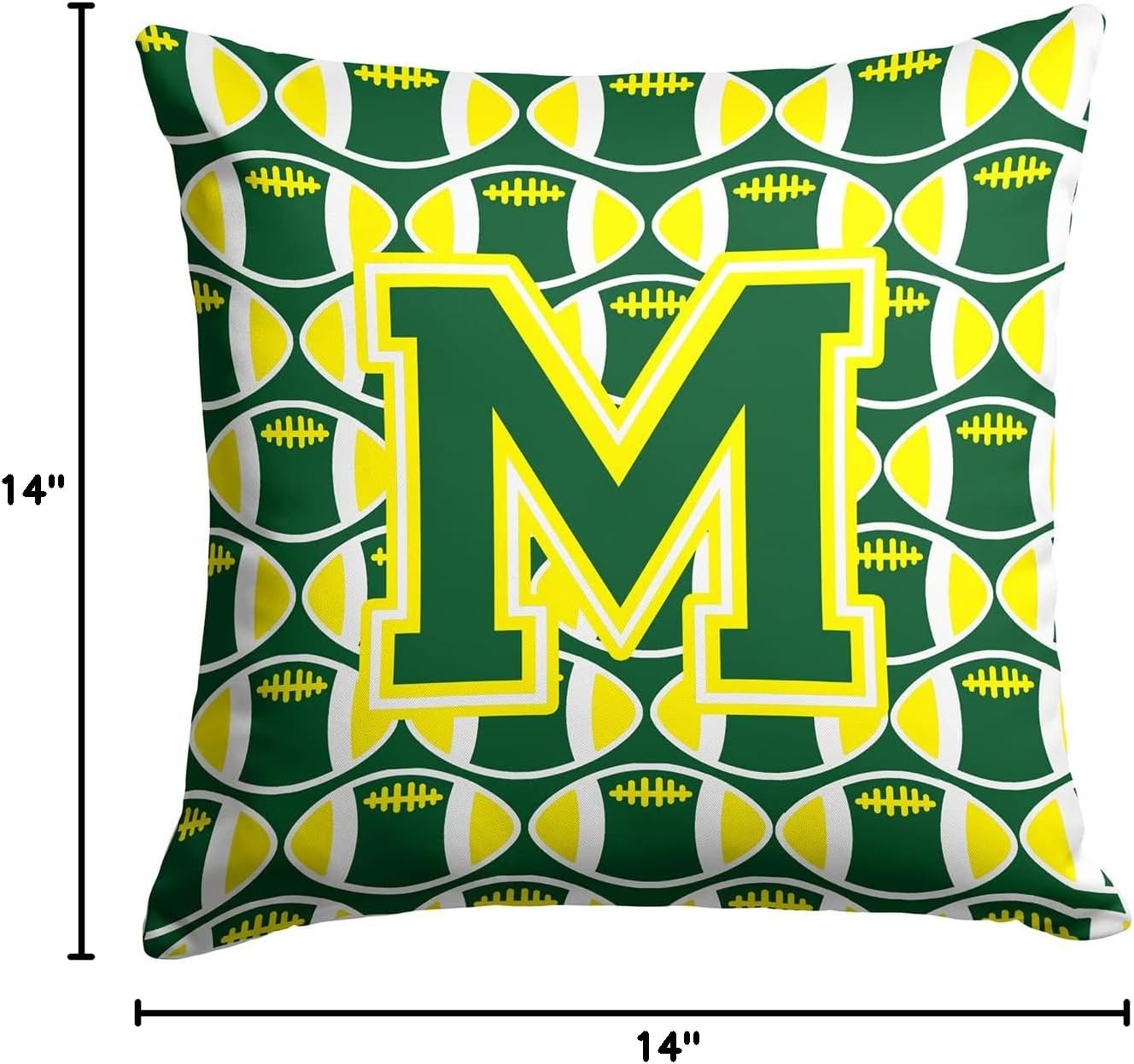 Caroline's Treasures CJ1075-MPW1414 Letter M Football Green and Yellow Fabric Decorative Pillow Machine Washable, Indoor Outdoor Decorative Pillow for Couch, Bed or Patio, 14Hx14W