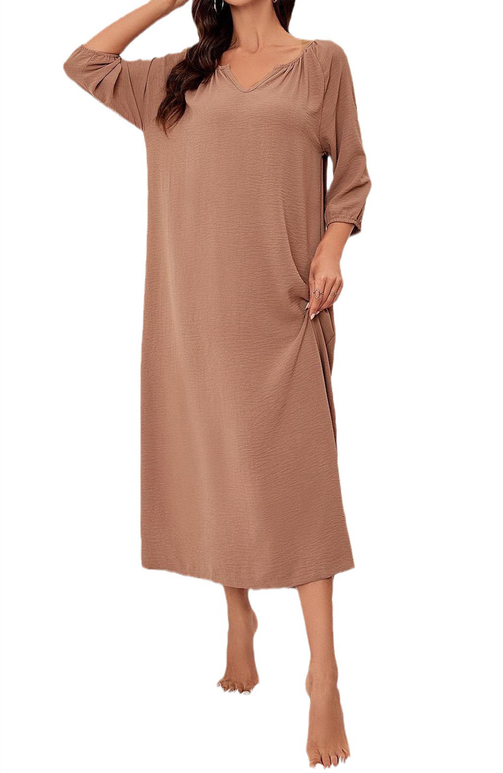 Chemise de Nuit pour Femmes Chemises de Nuit Col en V Chemise de Nuit à Manches Longues Pyjama Confortable Ample