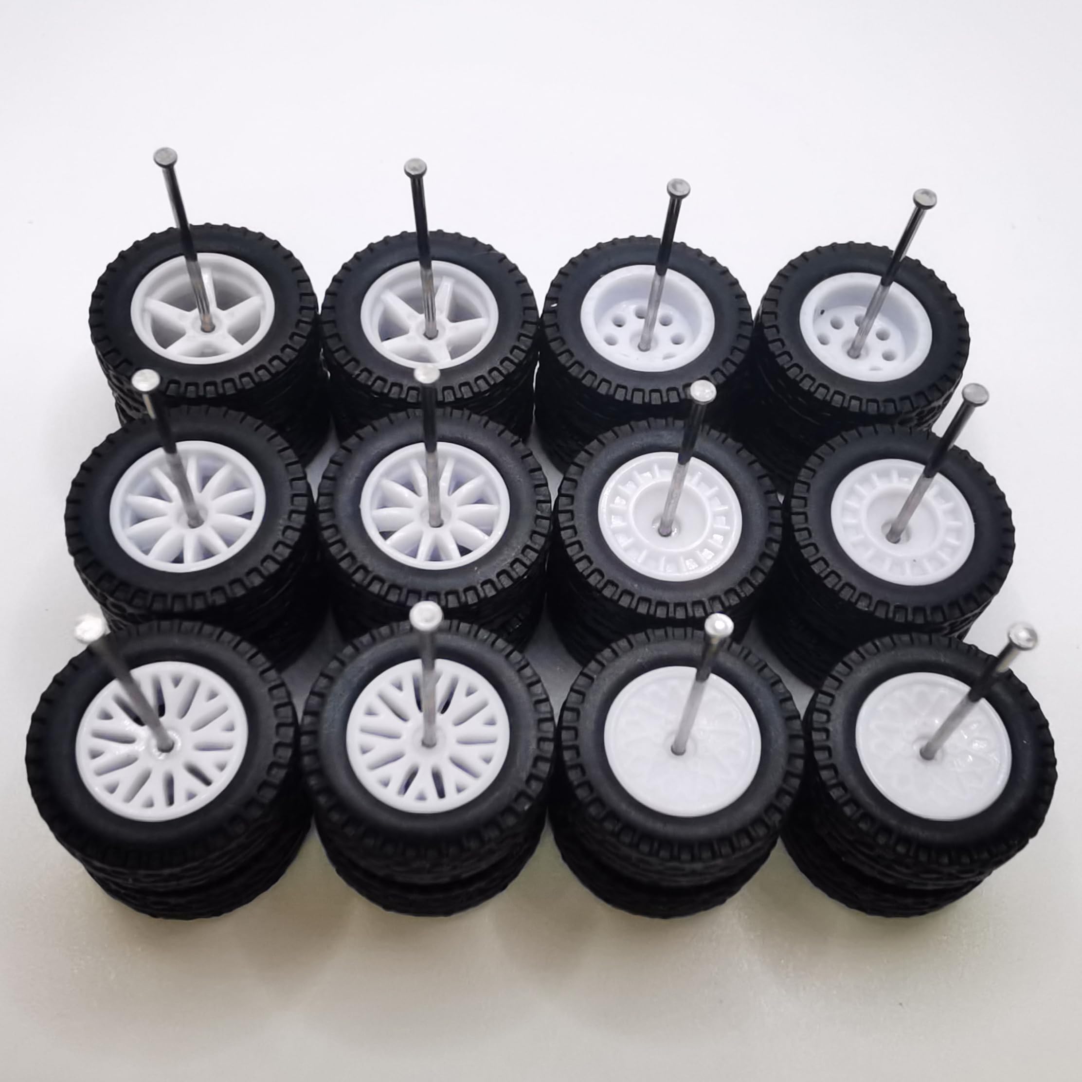 6 Set Simulation 1/64 Model Trucks Off Road Modified Tire with 6 Styles Hub and Rubber Tires 1/64 Scale Wheels for Trucks(Diameter 0.56in/14.2mm) (White)