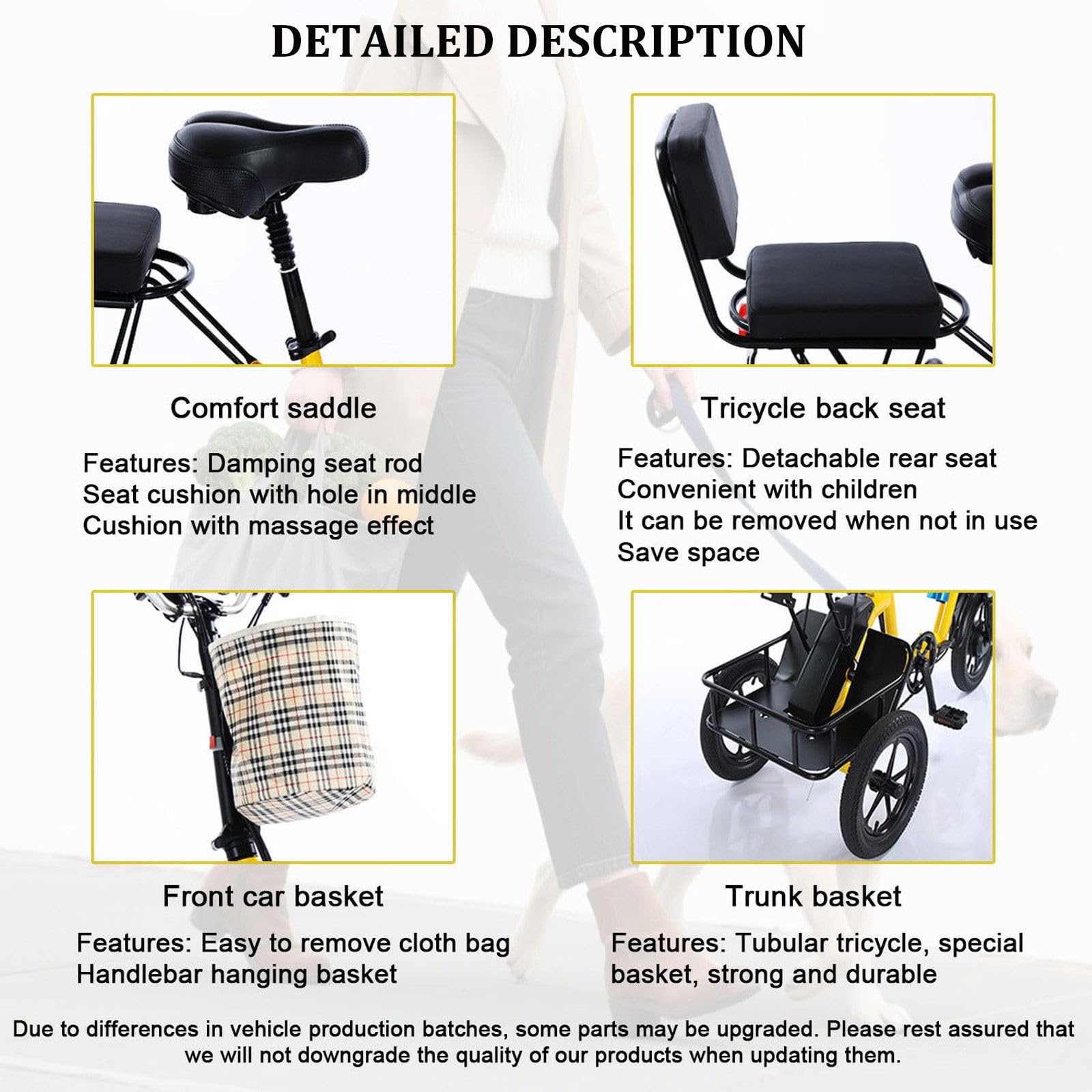 Triciclo Elettrico Pieghevole,E-Bike a 2 Posti,Batteria 48 V 10 Ah,Bicicletta Elettrica a 3 Ruote Con Display LCD,Autonomia Fino a 45 Km, Triciclo per Adulti E Genitori,Portata Massima: 180 Kg Yellow