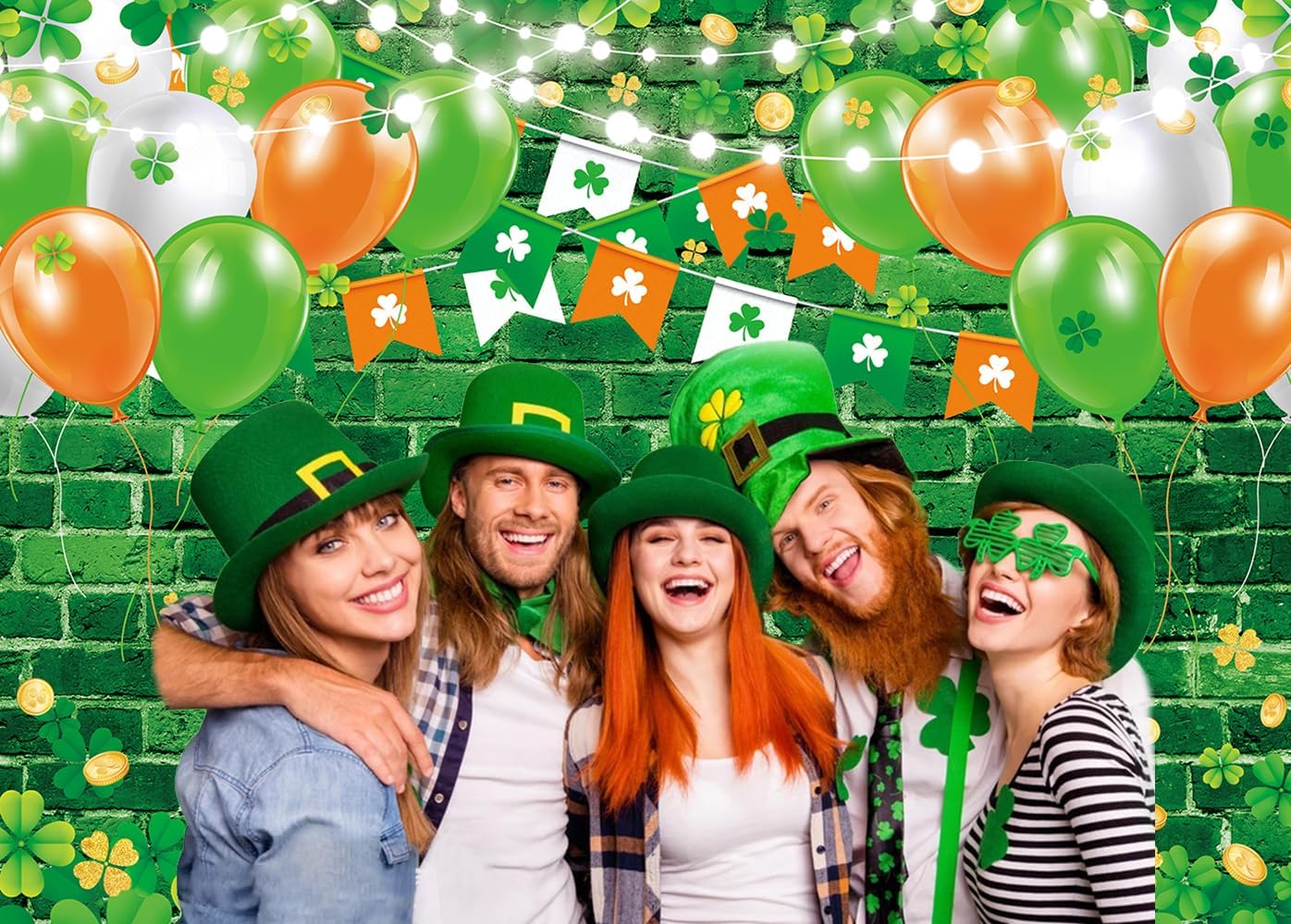 St. Patrick's Day Backdrop Green Brick Wall Lucky Irish Shamrock Clove Gold Coins Photography Background Kids Adults Baby Shower Spring Party Decorations Banner Photo Props (10x8FT)