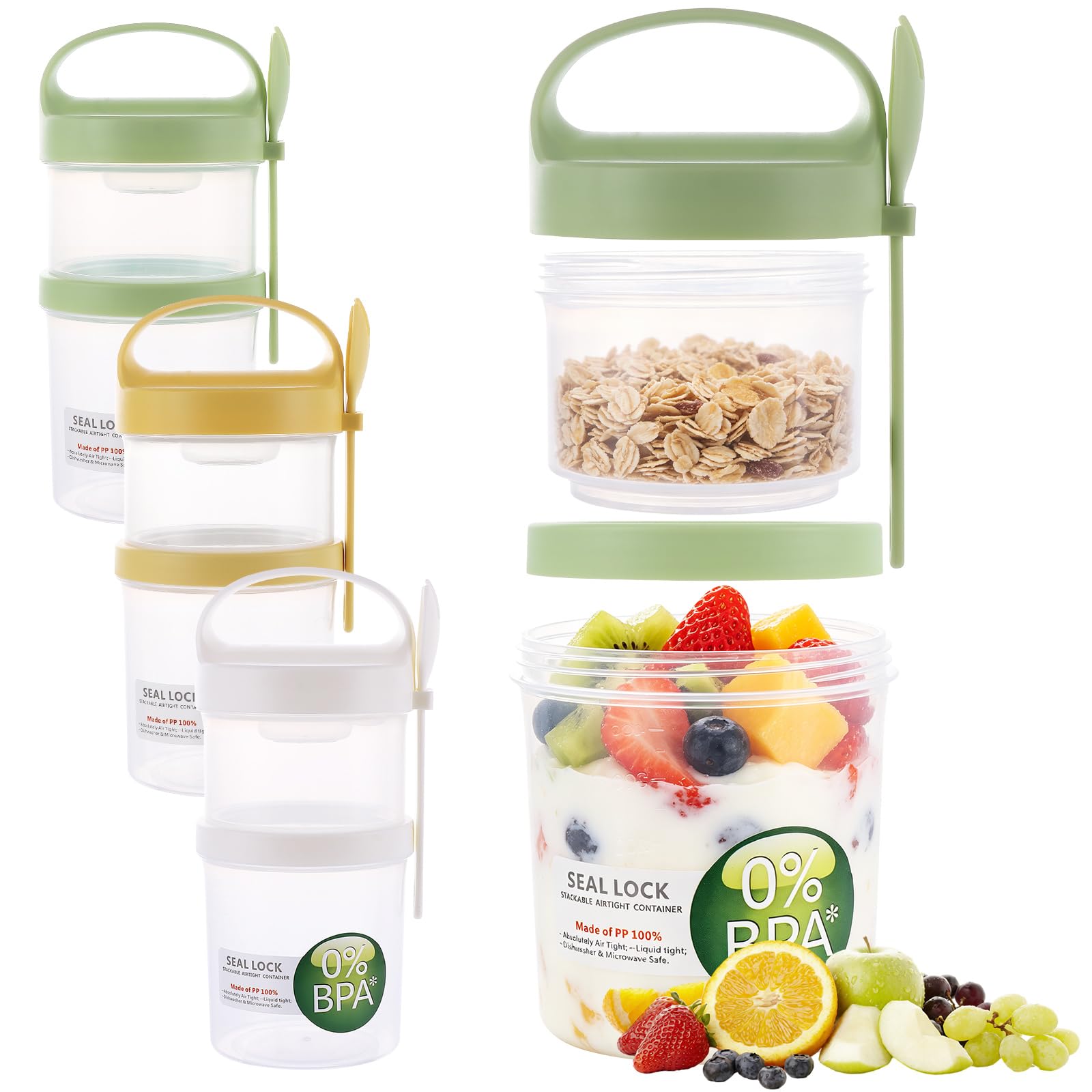 Swylexn 3 Set Overnight Oats Jar with Spoon, 560ml+360ml Plastic Overnight Oats Containers, Leak-Proof Crunch Cup, Reusable Yoghurt Pots, Breakfast Pots with Lids, Cereal Cup on the Go Container