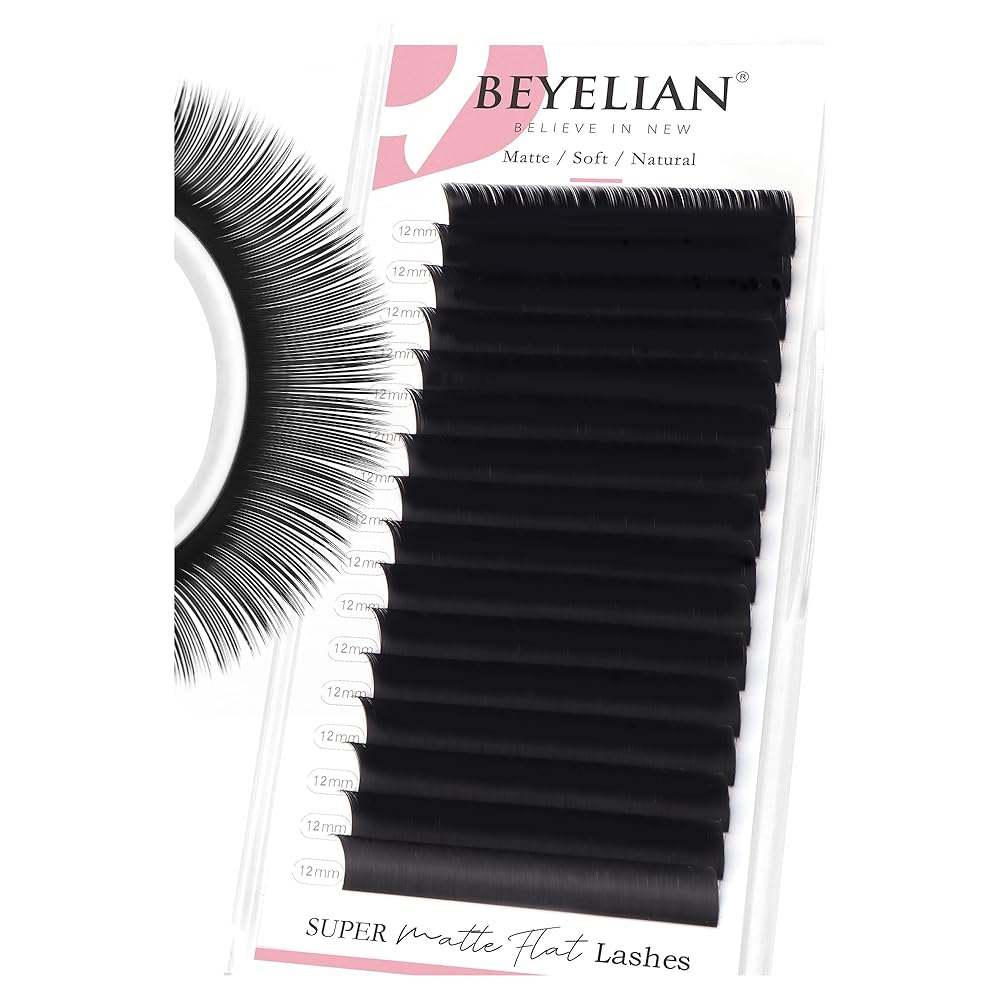 BEYELIAN Flat Eyelash Extension, Ellipse Lash Extensions 0.20 D Curl 12mm 16 Rows Matte Black Eyelash Extension Supplies Classic Lash Extensions Individual Eyelashes Salon Use