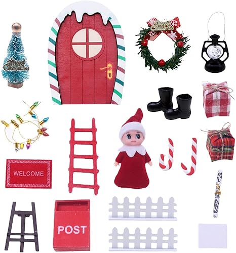 Decoración de puerta de hada de elfo de Navidad, kit de casa de muñecas en miniatura para puerta de hadas de madera, mini adornos de escena para