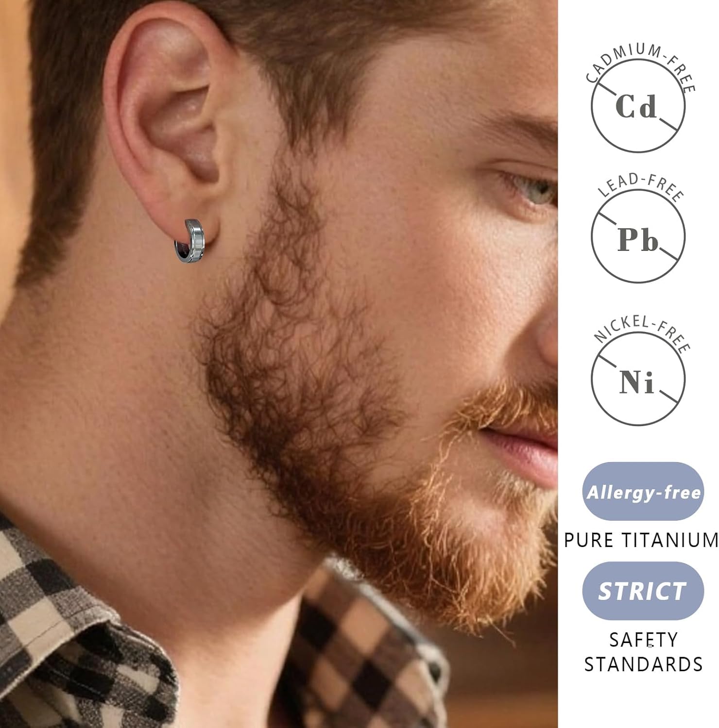 TGNEL Mens Hoop Earrings Small Titanium Earrings for Sensitive Ears, Silver Fashion Brushed Titanium Hoop Earring for Men Step Edge - Image 2