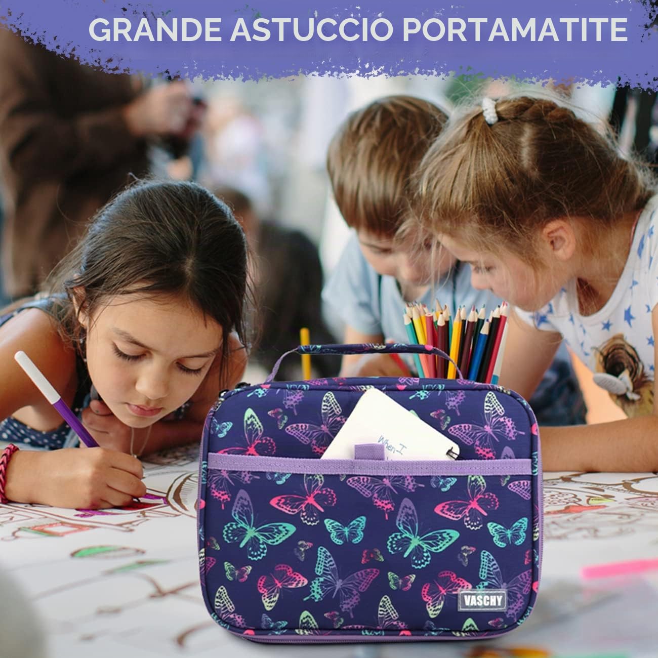 VASCHY Astuccio Grande, Astucci Grandi Capacità per Bambina Astuccio Scuola Astuccio Portapenne con Cerniera per Cancelleria Astuccio Matite Astucci Ufficio Lavoro Farfalle Viola