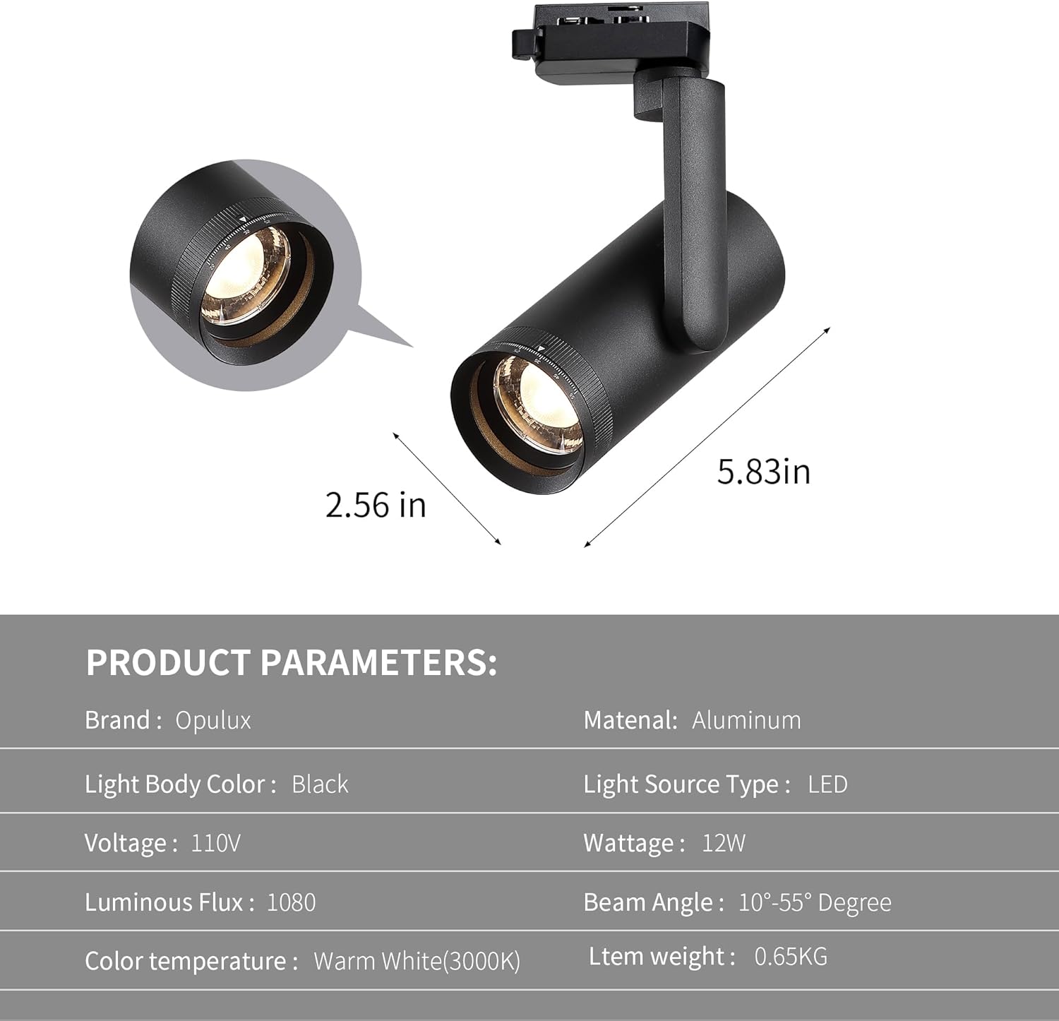 LED 12W Dimmable Track Lighting Heads with 10° to 55° Adjustable Beam Angle H Type 97 CRI 3000K Warm White Ceiling Spotlight for Accent Task Art, 1080lm, Black