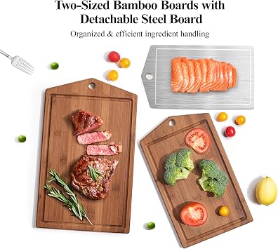 Bamboo Cutting Board Set for Kitchen, Detachable Stainless Steel Design, Double Sided Chopping Boards with Deep Juice Well and Built-in Handles for Meal Prep and Serving, Ideal Kitchen Gift