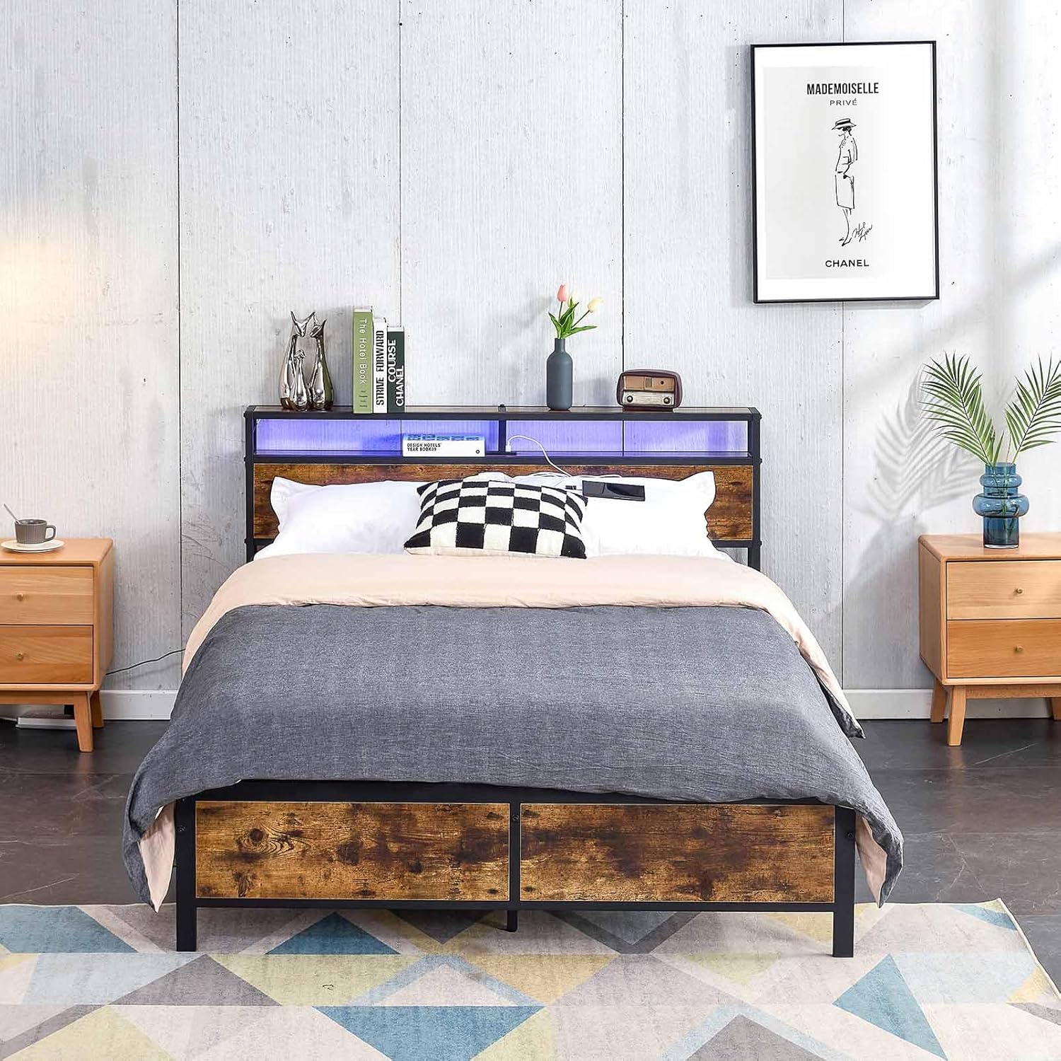 Amazon.com: Mdhitsox Industrial Bed Frame with LED Lights and 2 USB ...