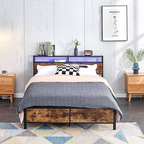 Base de cama industrial con luces LED y 2 puertos USB, marco de cama de plataforma moderna con cabecera de almacenamientoespacio de almacenamiento