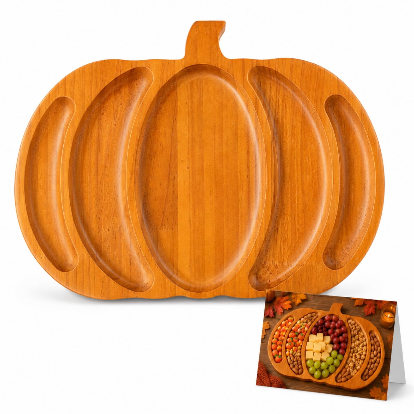 Didiseaon Halloween Serving Tray Wooden Pumpkin Snack Holder Divided Plate