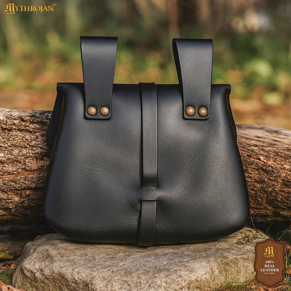 Medieval Leather Belt Pouch Vintage Waist Bag for LARP, Renaissance Fairs, Costumes, Cellphone Holder, Travel Wallet, Fanny Pack, Holster Purse Durable & Stylish Pouch - Black, 6.2” x 7” - Image 5