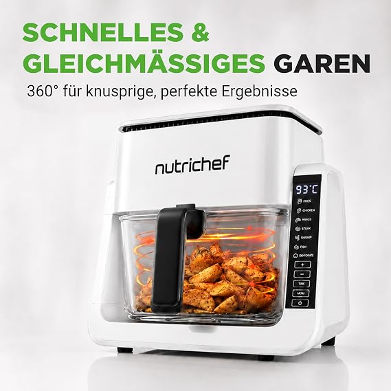 NutriChef Hot Air Fryer 4L with Grill Function 1500W White - Airfryer without Oil with Viewing Window 7 Programmes Glass Container for Families