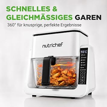NutriChef Hot Air Fryer 4L with Grill Function 1500W White - Airfryer without Oil with Viewing Window 7 Programmes Glass Container for Families
