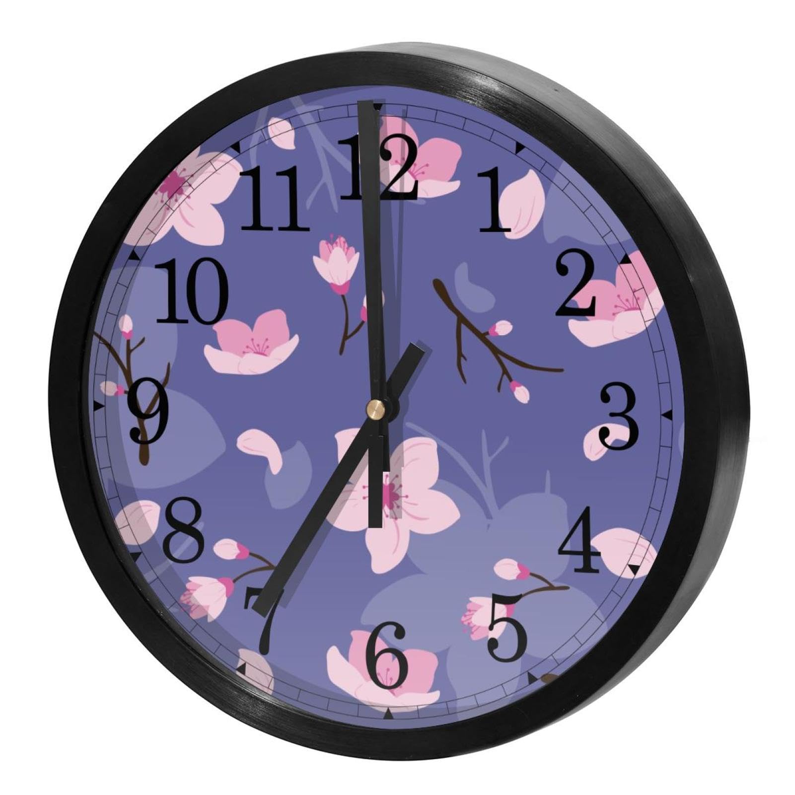 Horloge murale silencieuse violette à quartz avec motif de fleur de cerisier rose pour salon