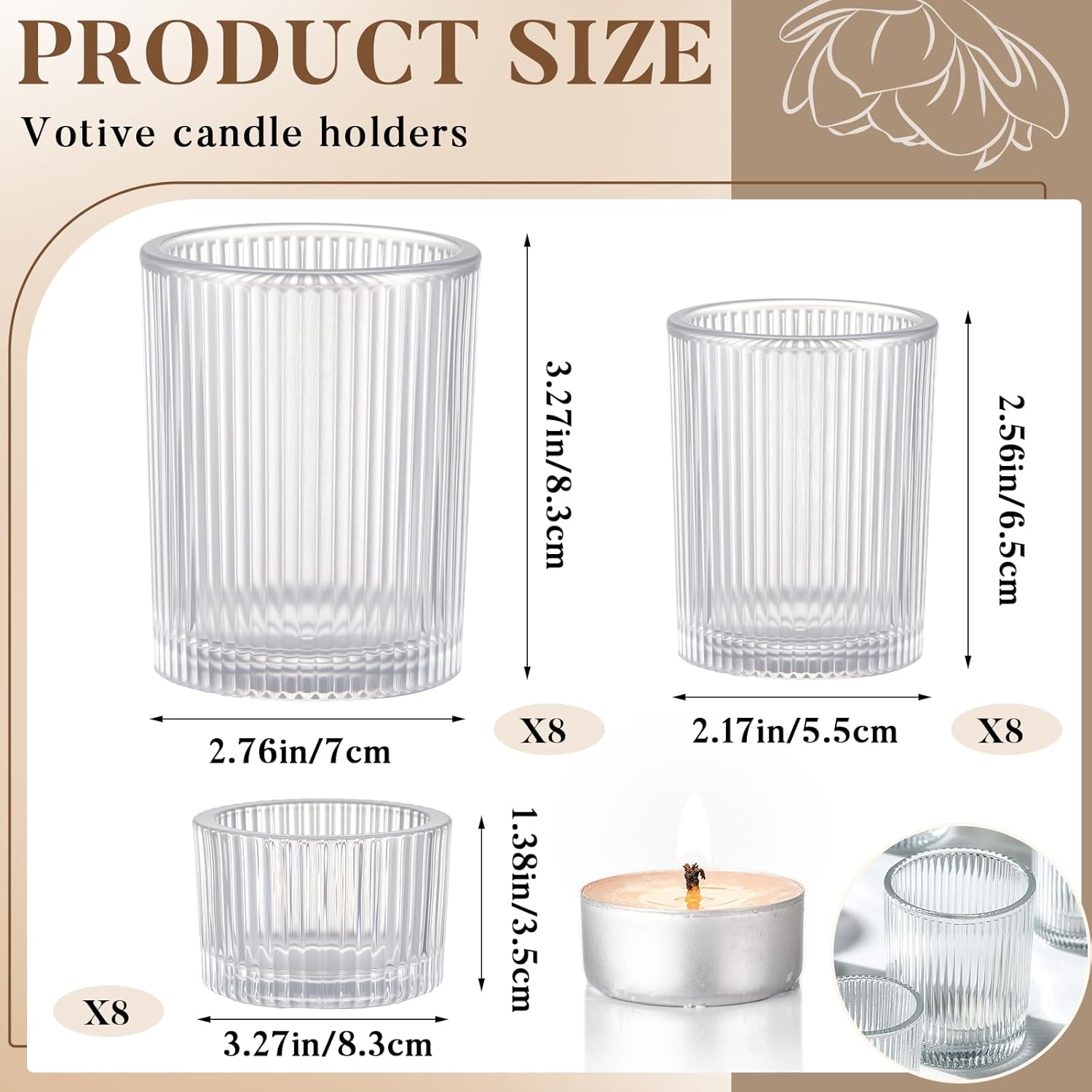 Mumufy 24 Pcs Assorted Votive Candle Holders Ribbed Glass Tealight Candle Holder Bulk for Table Centerpiece, Baby Shower, Home and Wedding Party Decoration (Clear)