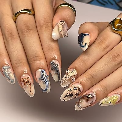30Pcs 3D Almond Press on Nails Cute Shark Fake Nails Medium Length False Nails Glossy Nude Acrylic Nails Ocean Animals Design Reusable Nails Press ons DIY Summer Manicure Decorations for Women