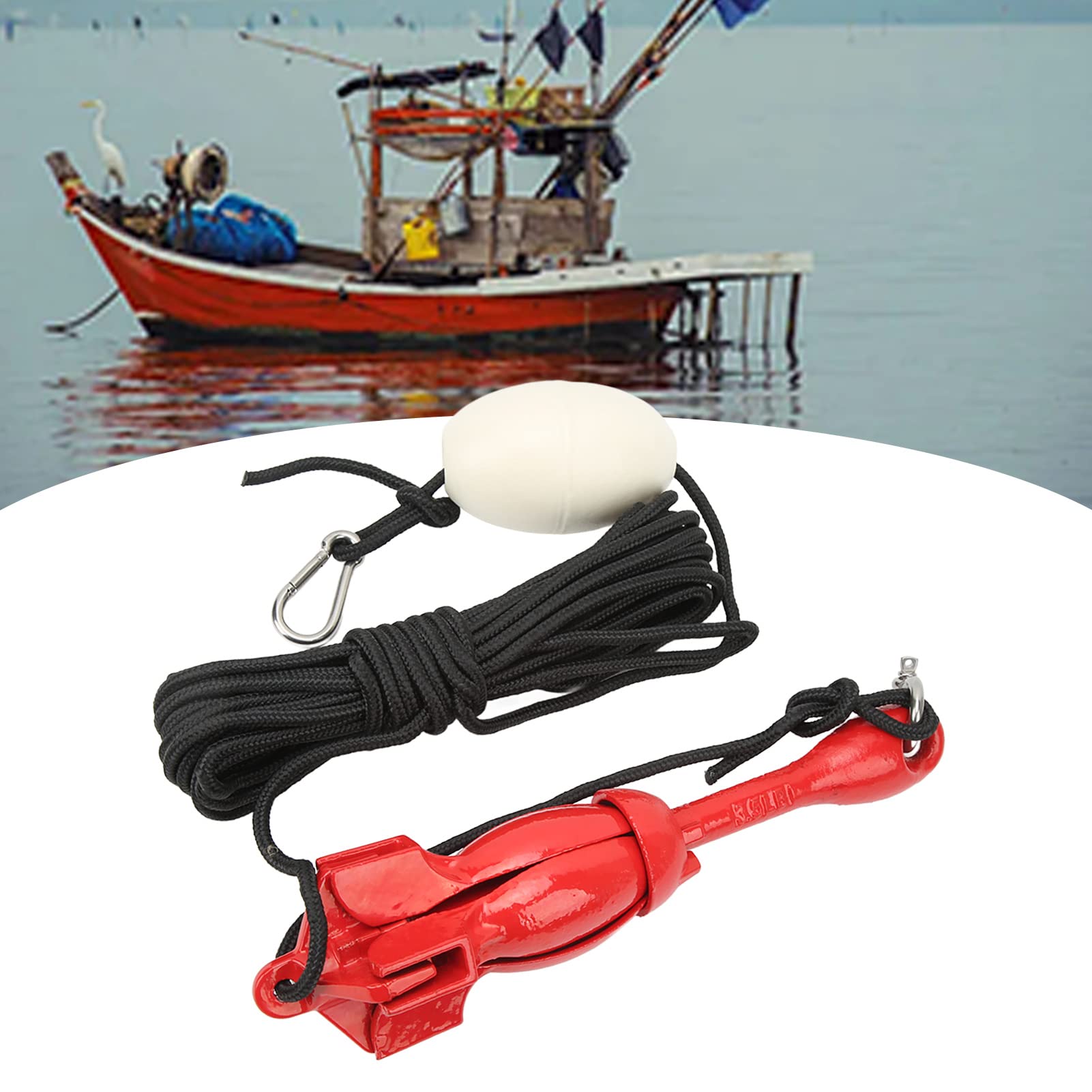Ancora per Barca, Vecchia Ancora Marina con Fune da Traino da 39,4 Piedi, Ancora con Rampino in Acciaio al Carbonio Ancora per Natante per Barche, Yacht, Gommoni, Kayak, Moto d'Acqua-Rosso