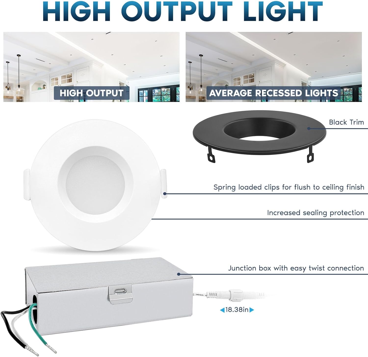 LUXRITE 3 Inch LED Recessed Ceiling Light with Junction Box, 10W, 5CCT 2700K/3000K/3500K/4000K/5000K, 800LM High Brightness, Dimmable Canless Downlight, Wet Rated, IC Rated, ETL - Black