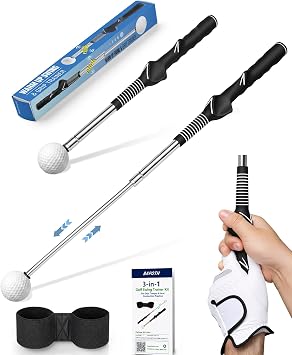 3-in-1 Golf Swing Trainer Kit for Swing Rhythm Tempo Warm-up | [RIGHT-HANDED ONLY] Retractable Tempo Stick Golf with Molded Grip Trainer, Indoor & Outdoor Golf Training Aids