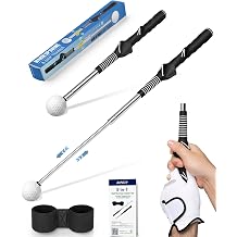 3-in-1 Golf Swing Trainer Kit for Swing Rhythm Tempo Warm-up | [RIGHT-HANDED ONLY] Retractable Tempo Stick Golf with Molded Grip Trainer, Indoor &amp; Outdoor Golf Training Aids