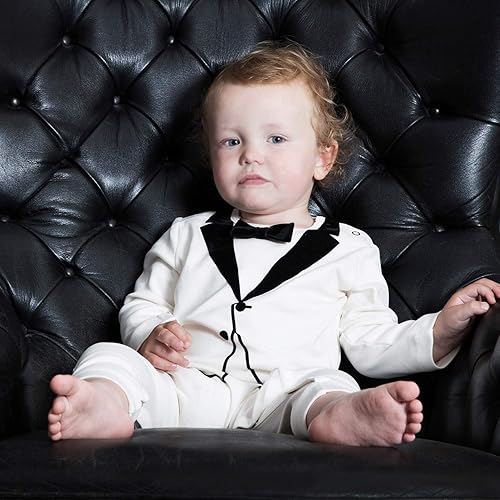 Miniatura 3 de The Tiny Universe Mameluco de esmoquin para bebés y niños elegantes, traje de cuerpo con pajarita de satén, traje de boda de caballero
