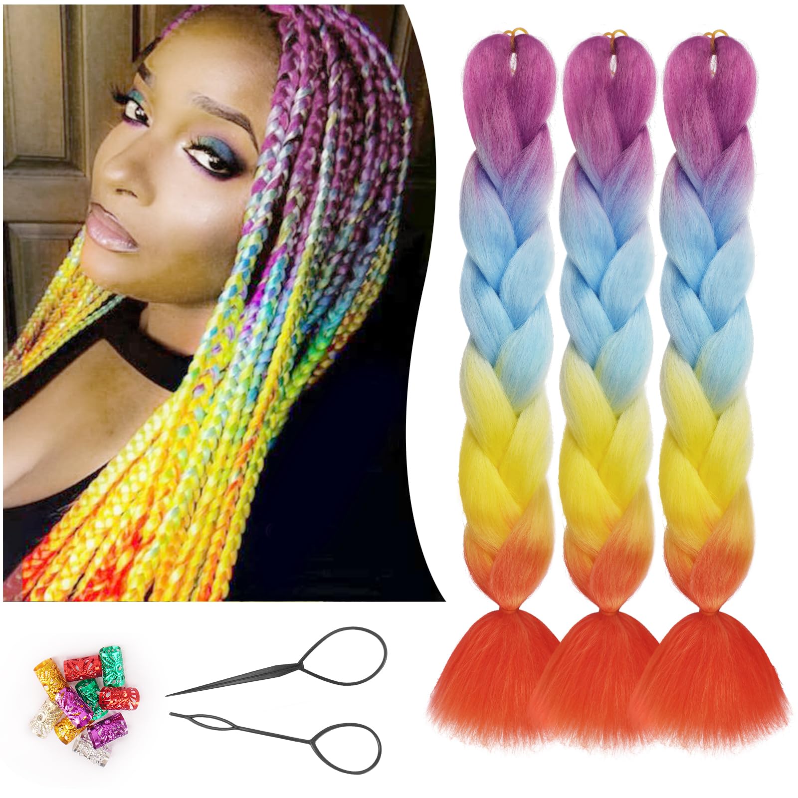 Sofeiyan Kanekalon Extensiones Pelo Africanas Trenzas, 24" 3pcs Extensiones Pelo Sintético Jumbo Trenza Extensiones para Trenzas de Ganchillo Extensiones de Cabello, Morado/Azul Claro/Amarillo/Naranja