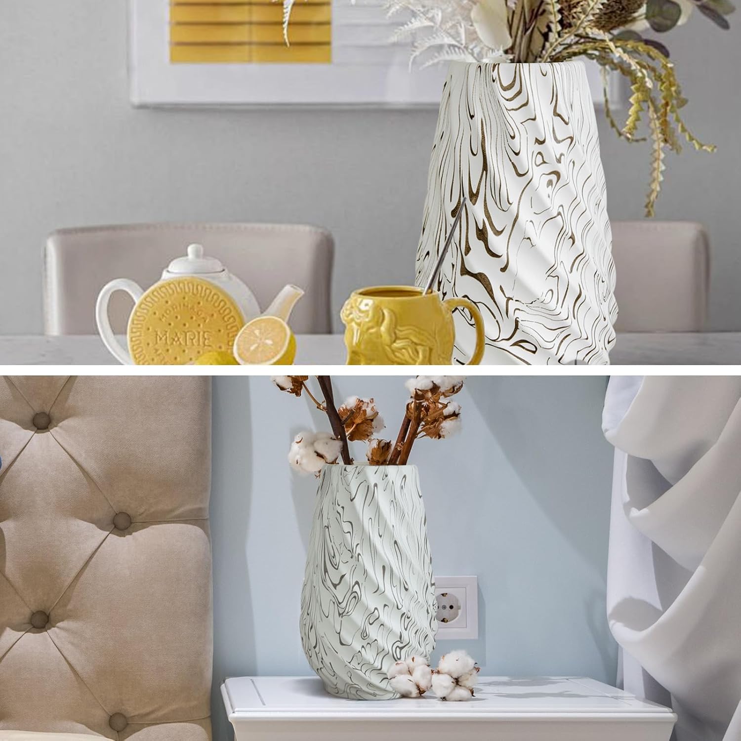 10 inch Tall Ribbed Ceramic Vase for Flowers,Boho Vases for Pampas Grass,Fluted vase,Simple Modern Decorative Vase for Home Decor Table Centerpieces (Milk Pattern) - Image 4