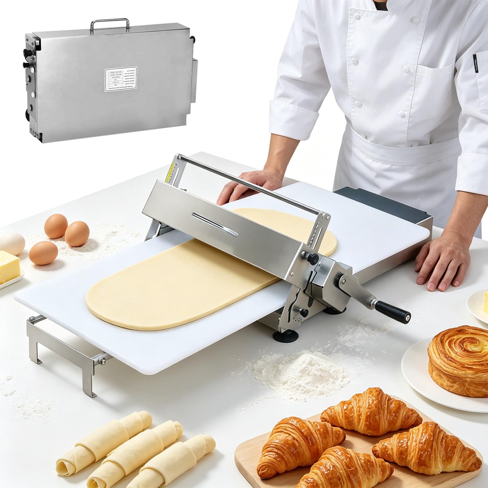 Teigwalze aus Edelstahl, klappbare manuelle Teigrolle mit Einstellbarer Dicke von 0–25 mm, 12"/16" Teigrollmaschine für Croissants, Pizza und gewerbliche Bäckerei T400